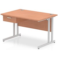 Impulse 1200mm Rectangular Desk with attached Pedestal, Silver Cantilever Leg, Beech