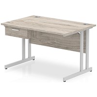 Impulse 1200mm Rectangular Desk with attached Pedestal, Silver Cantilever Leg, Grey Oak