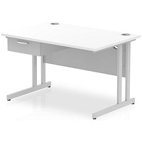 Impulse 1200mm Rectangular Desk with attached Pedestal, Silver Cantilever Leg, White