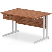 Impulse 1200mm Rectangular Desk with attached Pedestal, Silver Cantilever Leg, Walnut