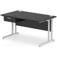 Impulse 1400mm Rectangular Desk with attached Pedestal, Silver Cantilever Leg, Black