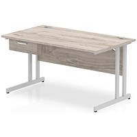 Impulse 1400mm Rectangular Desk with attached Pedestal, Silver Cantilever Leg, Grey Oak