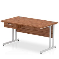 Impulse 1400mm Rectangular Desk with attached Pedestal, Silver Cantilever Leg, Walnut