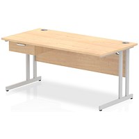 Impulse 1600mm Rectangular Desk with attached Pedestal, Silver Cantilever Leg, Maple