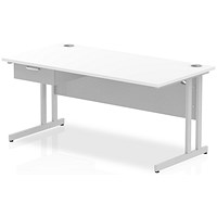 Impulse 1600mm Rectangular Desk with attached Pedestal, Silver Cantilever Leg, White