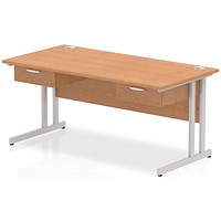 Impulse 1600mm Rectangular Desk with 2 attached Pedestals, Silver Cantilever Leg, Oak