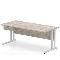 Impulse 1800mm Rectangular Desk with attached Pedestal, Silver Cantilever Leg, Grey Oak