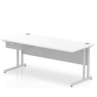 Impulse 1800mm Rectangular Desk with attached Pedestal, Silver Cantilever Leg, White