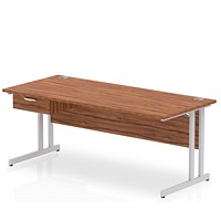 Impulse 1800mm Rectangular Desk with attached Pedestal, Silver Cantilever Leg, Walnut