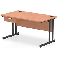 Impulse 1400mm Rectangular Desk with attached Pedestal, Black Cantilever Leg, Beech