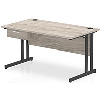 Impulse 1400mm Rectangular Desk with attached Pedestal, Black Cantilever Leg, Grey Oak