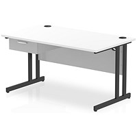 Impulse 1400mm Rectangular Desk with attached Pedestal, Black Cantilever Leg, White