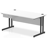 Impulse 1600mm Rectangular Desk with attached Pedestal, Black Cantilever Leg, White