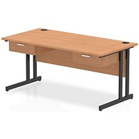 Impulse 1600mm Rectangular Desk with 2 attached Pedestals, Black Cantilever Leg, Oak