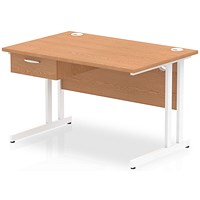 Impulse 1200mm Rectangular Desk with attached Pedestal, White Cantilever Leg, Oak