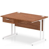 Impulse 1200mm Rectangular Desk with attached Pedestal, White Cantilever Leg, Walnut