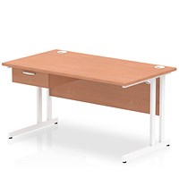 Impulse 1400mm Rectangular Desk with attached Pedestal, White Cantilever Leg, Beech