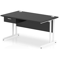Impulse 1400mm Rectangular Desk with attached Pedestal, White Cantilever Leg, Black