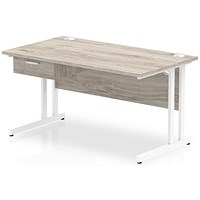 Impulse 1400mm Rectangular Desk with attached Pedestal, White Cantilever Leg, Grey Oak