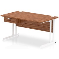 Impulse 1400mm Rectangular Desk with attached Pedestal, White Cantilever Leg, Walnut