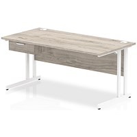 Impulse 1600mm Rectangular Desk with attached Pedestal, White Cantilever Leg, Grey Oak