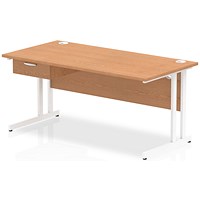 Impulse 1600mm Rectangular Desk with attached Pedestal, White Cantilever Leg, Oak