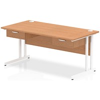 Impulse 1600mm Rectangular Desk with 2 attached Pedestals, White Cantilever Leg, Oak