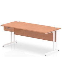 Impulse 1800mm Rectangular Desk with attached Pedestal, White Cantilever Leg, Beech