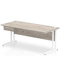 Impulse 1800mm Rectangular Desk with attached Pedestal, White Cantilever Leg, Grey Oak