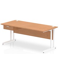 Impulse 1800mm Rectangular Desk with attached Pedestal, White Cantilever Leg, Oak