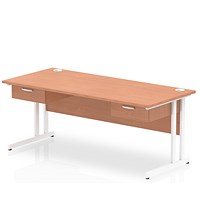 Impulse 1800mm Rectangular Desk with 2 attached Pedestals, White Cantilever Leg, Beech