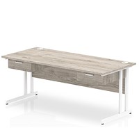 Impulse 1800mm Rectangular Desk with 2 attached Pedestals, White Cantilever Leg, Grey Oak