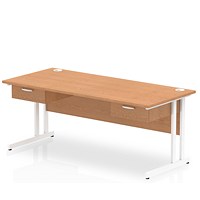 Impulse 1800mm Rectangular Desk with 2 attached Pedestals, White Cantilever Leg, Oak