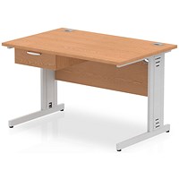 Impulse 1200mm Rectangular Desk with attached Pedestal, Silver Cable Managed Leg, Oak