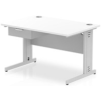 Impulse 1200mm Rectangular Desk with attached Pedestal, Silver Cable Managed Leg, White