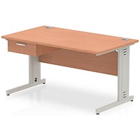Impulse 1400mm Rectangular Desk with attached Pedestal, Silver Cable Managed Leg, Beech