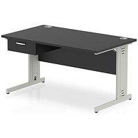 Impulse 1400mm Rectangular Desk with attached Pedestal, Silver Cable Managed Leg, Black