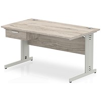 Impulse 1400mm Rectangular Desk with attached Pedestal, Silver Cable Managed Leg, Grey Oak