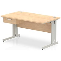 Impulse 1400mm Rectangular Desk with attached Pedestal, Silver Cable Managed Leg, Maple
