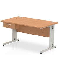 Impulse 1400mm Rectangular Desk with attached Pedestal, Silver Cable Managed Leg, Oak