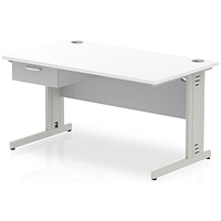 Impulse 1400mm Rectangular Desk with attached Pedestal, Silver Cable Managed Leg, White