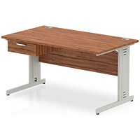 Impulse 1400mm Rectangular Desk with attached Pedestal, Silver Cable Managed Leg, Walnut