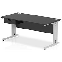 Impulse 1600mm Rectangular Desk with attached Pedestal, Silver Cable Managed Leg, Black