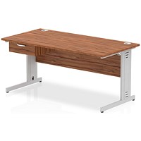 Impulse 1600mm Rectangular Desk with attached Pedestal, Silver Cable Managed Leg, Walnut