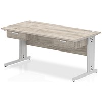Impulse 1600mm Rectangular Desk with 2 attached Pedestals, Silver Cable Managed Leg, Grey Oak