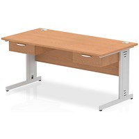 Impulse 1600mm Rectangular Desk with 2 attached Pedestals, Silver Cable Managed Leg, Oak