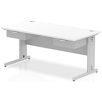 Impulse 1600mm Rectangular Desk with 2 attached Pedestals, Silver Cable Managed Leg, White