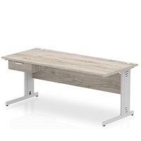 Impulse 1800mm Rectangular Desk with attached Pedestal, Silver Cable Managed Leg, Grey Oak