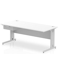 Impulse 1800mm Rectangular Desk with attached Pedestal, Silver Cable Managed Leg, White