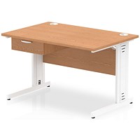 Impulse 1200mm Rectangular Desk with attached Pedestal, White Cable Managed Leg, Oak